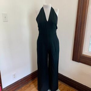 VTG Donna Karan Linen Blend Black Sleeveless‎ Halter Wide Leg Flare Jumpsuit 4